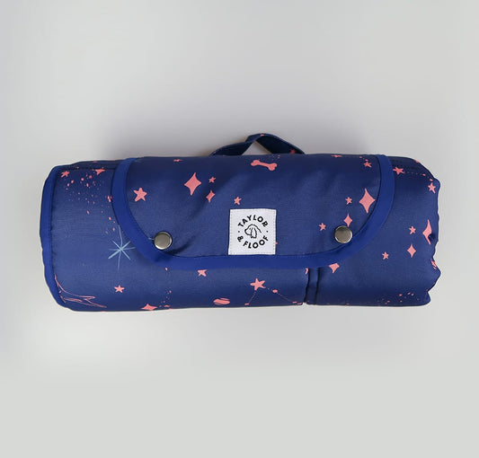 Taylor and Floof Canine Cosmos settle mat for dog training, featuring a dark blue design with pink stars and astronaut dogs.