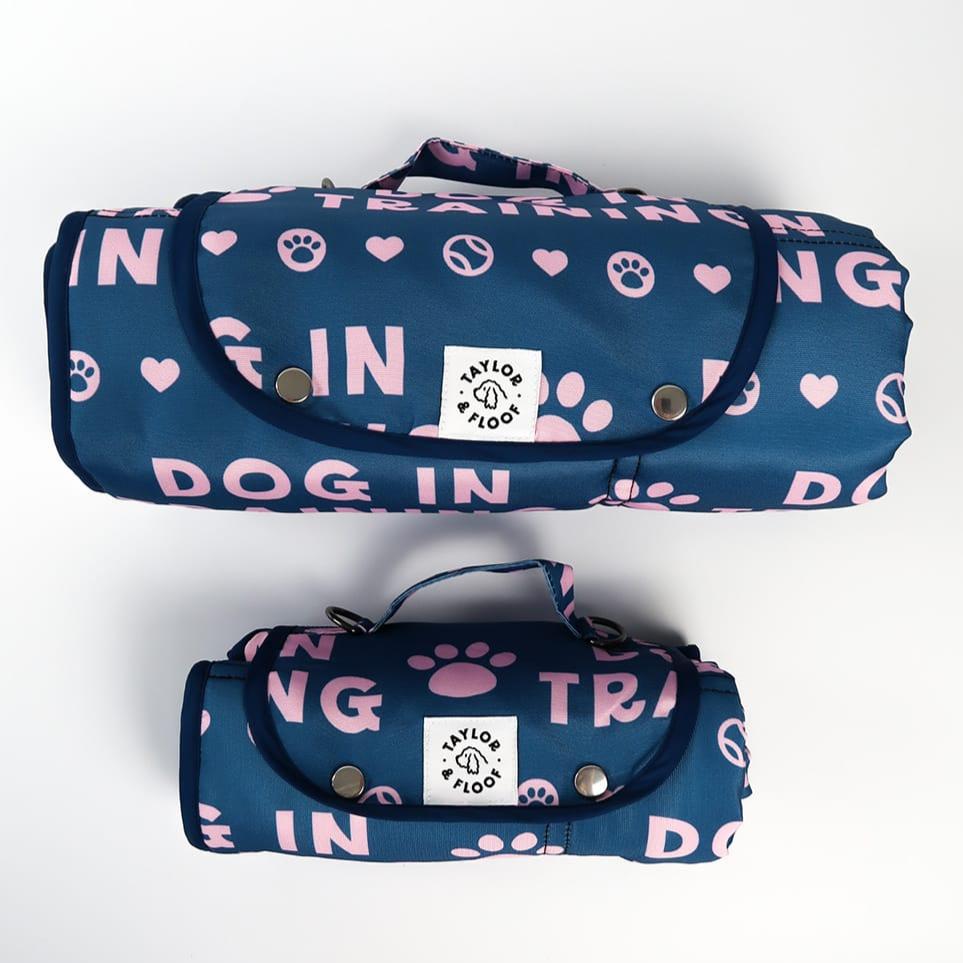 Durable, easy-to-clean dog settle mat in Dog in training print, crafted for use in training routines or as a comfortable resting space.