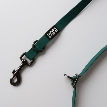 Dark Teal waterproof hands free lead. Perfect for dogs who love mud. Easy to clean material. Small size in the picture. Close up of the adjustable D ring. 