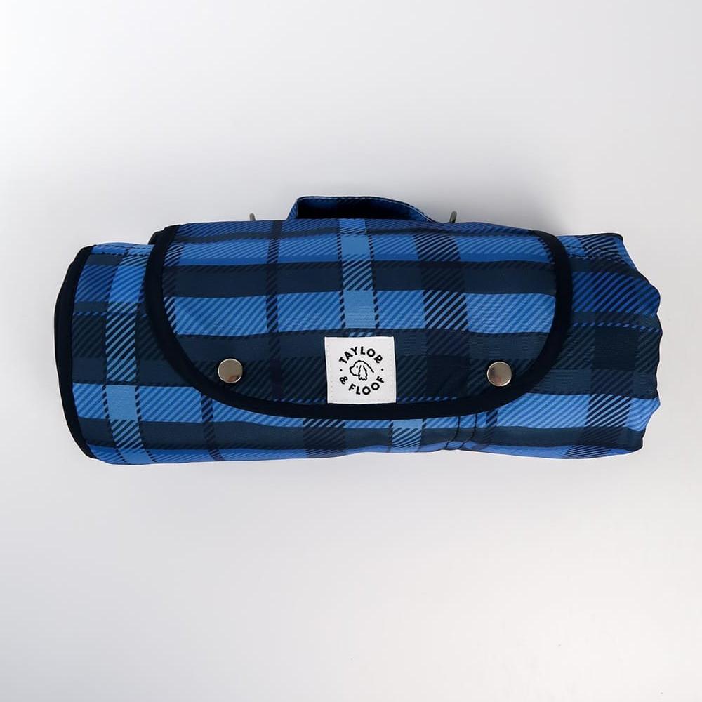 Highland Hound settle mat for dogs with a classic blue tartan design, ideal for dog settle training.