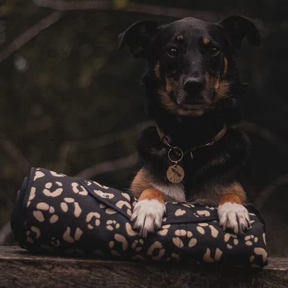 Black and tan animal print settle mat for dogs, designed to help with settling and stress-free outings. Soft, supportive dog settle mat in Black and Beige Leopard Print, perfect gift for dog mums looking to enhance training and comfort.