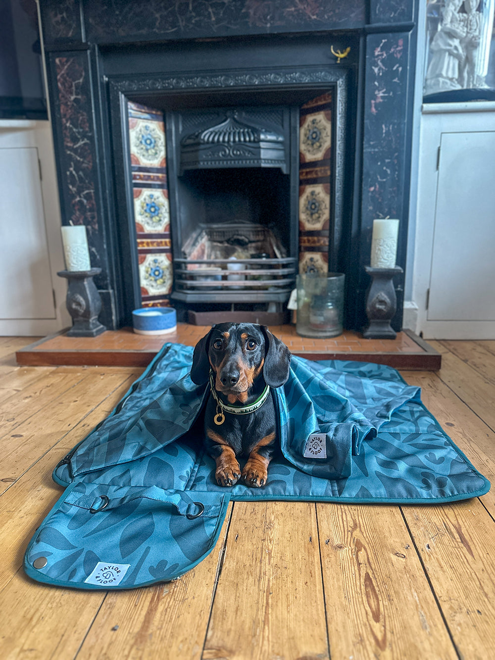 Pitta pocket also known as a settle mat for dogs in the UK. In a dark teal design.  A pitta pocket is a settle mat and blanket combined together for easy portability and maximum comfort. 