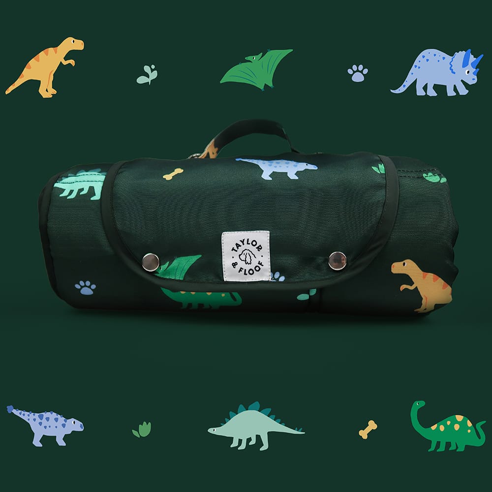 Puppy settle mat with dinosaurs. Taylor and Floof dark green design ideal for assistance dog training.