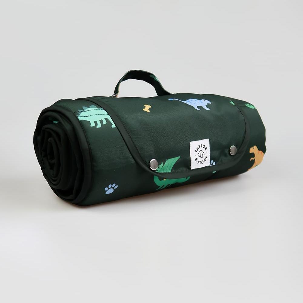 Taylor and Floof dark green settle mat. Jurassic Bark dinosaur design ideal for dog training and travel.